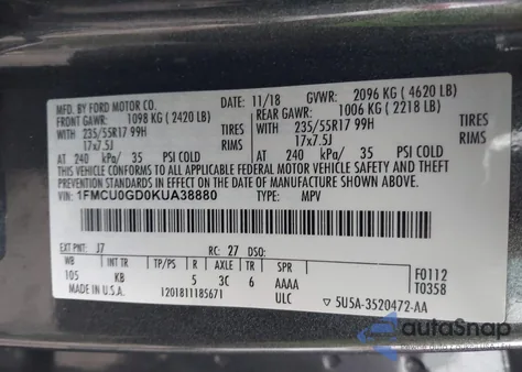 2019 Ford Escape Se z USA, uszkodzony, nr VIN 1FMCU0GD0KUA38880